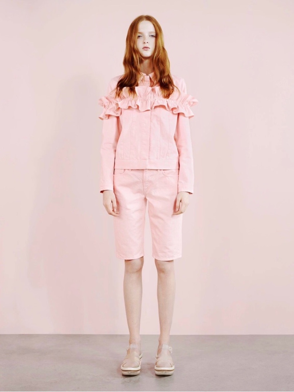 J Brand and Simone Rocha Ruffled Pink Slim Denim Jacket